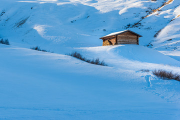 Dream atmosphere and views. Winter on the Alpe di Siusi, Dolomites. Italy