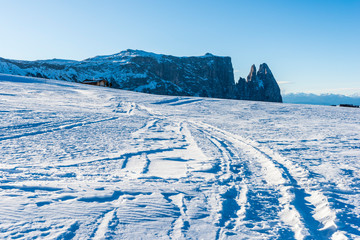 Dream atmosphere and views. Winter on the Alpe di Siusi, Dolomites. Italy