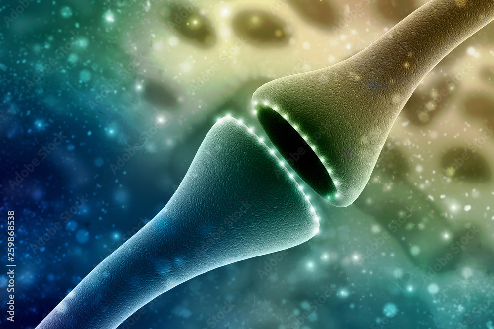Wall mural synapse and neuron cells sending electrical chemical signals. 3d rendering