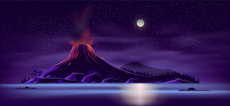 Sea or ocean desert, uninhabited island shore night landscape with active, ready for eruption volcano, mountain top fiery glowing in darkness cartoon vector illustration. Tectonic or volcanic activity