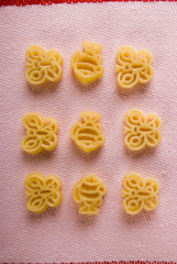 raw pasta on the tablecloth