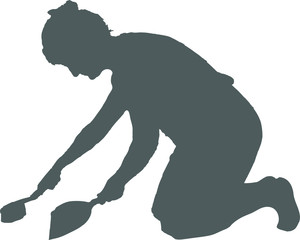 The woman doing the cleaning. The silhouette of a girl sitting on her lap, a brush and a scoop.