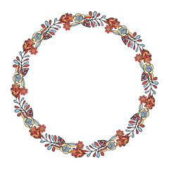 Round frame with floral doodles. Floral wreath on white background. Festive floral circle for your design