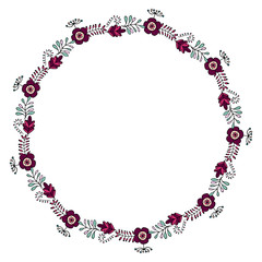 Round frame with floral doodles. Festive floral wreath on white background. Romantic floral circle for your design