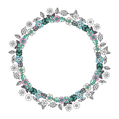 Wreath with floral doodles on white background. Festive floral circle for your design