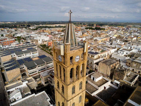 Aerial View of Close Up of the Bell Tower of the Church Santa Maria La Nova in Pulsano near Taranto