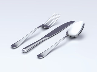 Spoon, fork, and knife on table. 3d render