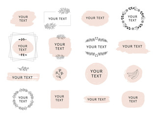 Set of hand drawn wedding branding with floral elements. Wreaths and frames for feminine design.