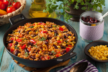 Mexican rice with minced meat and vegetables.
