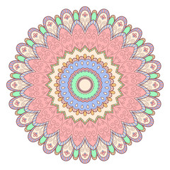 Decorative colorful ethnic mandala pattern. Design element for greeting card, banner or poster in oriental style. Hand drawn illustration