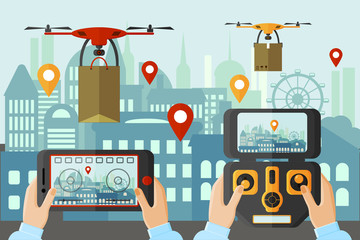 People launching drones by different applications in big city. Modern technologies concept device