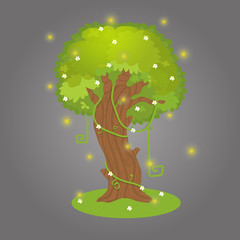 Tree with green foliage. Magic tree. Cartoon. Vector. A tree surrounded by a magical glow. - 259872519