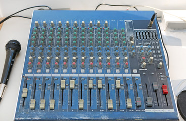 Sound levels on a professional audio mixer with microphone, Music control panel.