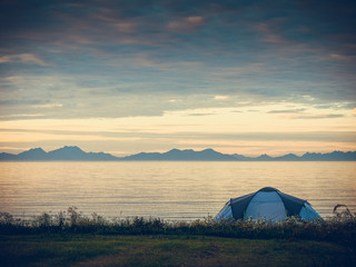 Tent on beach, Lofoten islands, Norway