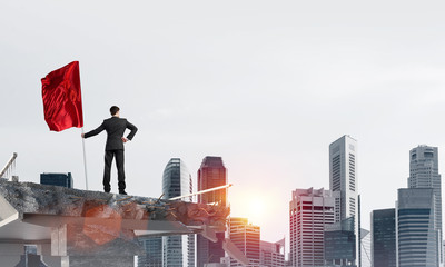 Man with flag presenting leadership concept.