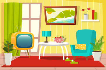 The interior of the living room is made in cartoon style. Chair , TV, window. Vector. Cozy room with furniture.