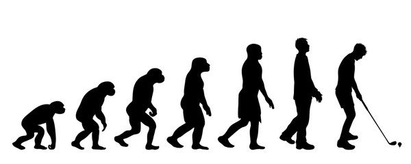 Theory of evolution of man. Vector silhouette of homo sapiens. Symbol from monkey to golf.