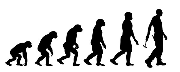 Theory of evolution of man. Vector silhouette of homo sapiens. Symbol from monkey to worker.