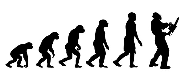Theory of evolution of man. Vector silhouette of homo sapiens. Symbol from monkey to worker with chainsaw.