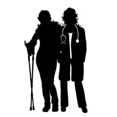 Vector silhouette of doctor with patient on white background. Symbol of healthy and hospital. Woman with crutches.