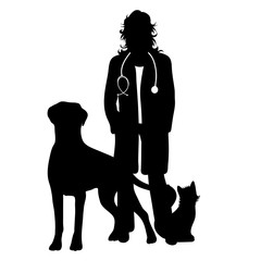 Vector silhouette of doctor veterinary with patient dog and cat on white background. Symbol of healthy and hospital.