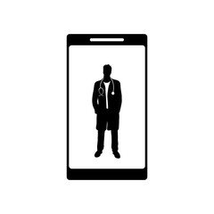 Vector silhouette of doctor with coat and stethoscope on screen the cell phone. Symbol of healthy and hospital.