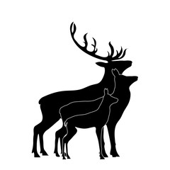 Vector silhouette of deer, hind, and baby hind. Symbol of animal and wild.