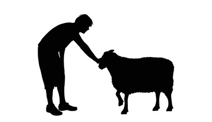 Vector silhouette of man with sheep on white background. Symbol of animal and friendship.