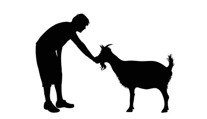 Vector silhouette of man with goat on white background. Symbol of animal and friendship.