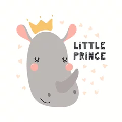 Papier Peint photo autocollant Illustration Hand drawn vector illustration of a cute funny rhino in a crown, with lettering quote Little prince. Isolated objects on white background. Scandinavian style flat design. Concept for children print.