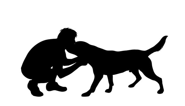 Vector silhouette of man with dog on white background. Symbol of friendship.