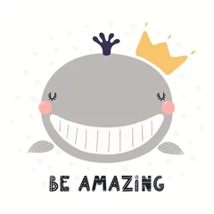Papier Peint photo autocollant Illustration Hand drawn vector illustration of a cute funny animal in a crown, with lettering quote Be amazing. Isolated objects on white background. Scandinavian style flat design. Concept for children print.