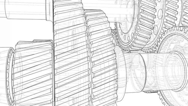 Outline gearbox concept. 3D illustration video