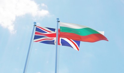 UK and Bulgaria, two flags waving against blue sky. 3d image