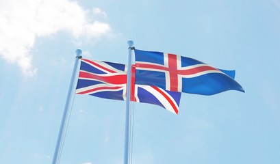 UK and Iceland, two flags waving against blue sky. 3d image