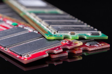 PC ram closeup on black background. PC components.