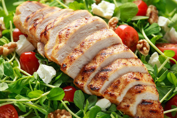 Fresh Grilled Chicken salad with tomatoes, feta cheese. close up