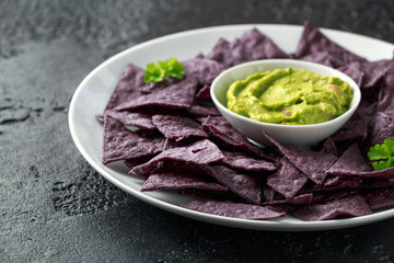 Blue corn Organic tortilla chips with Guacamole