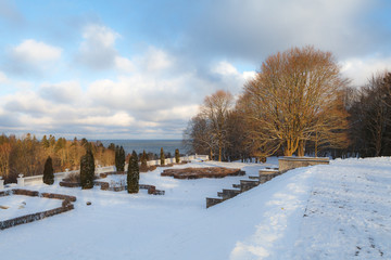 Winter park alleys. Toila park in Estonia. Sunny winter day, tranquil beautiful landscape.