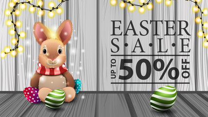 Easter sale, modern horizontal discount banner with wood texture, garland and Easter bunny