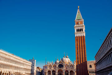 Bell tower on St. Mark square against background of clear blue sky warm autumn day, Seagull flies...