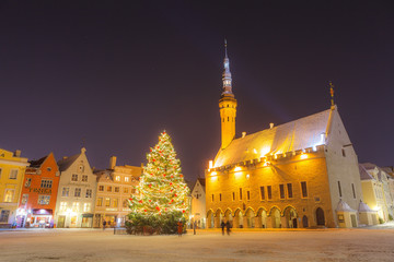 TALLINN, ESTONIA - JANUARY, 10, 2018: Christmas fir tree on the main square of old town
