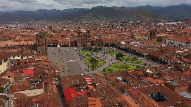 Aerial drone view of the main square of Cusco town - Plaza de Armas. Peru, South America.