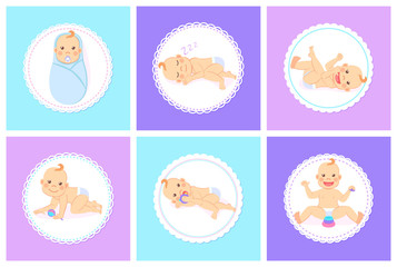 Newborn with forelock, sleeping or lying kid, playing with toys. Portrait view of child in diaper and nipple, toddler character in round, baby set vector