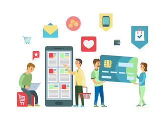 Mobile app, online shopping in smartphone and laptop vector. Credit card and supermarket cart or basket, message and money, like and buy web icons