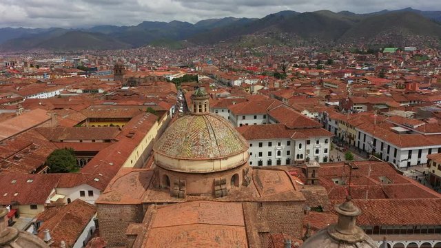Aerial drone view of the roman catholic cathedral in the main square of cusco, Peru