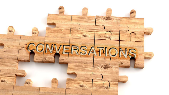 Complex And Confusing Conversations: Learn Complicated, Hard And Difficult Concept Of Conversations,pictured As Pieces Of A Wooden Jigsaw Puzzle Creating A Whole, Completed Word, 3d Illustration