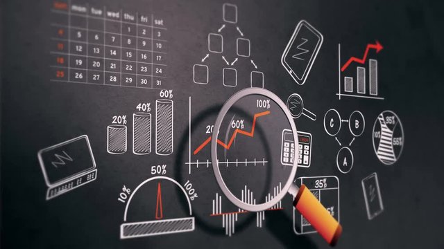 Analysis of corporate data with magnifying glass. Business marketing charts and sketches on blackboard. 4K UHD animation seamless loop.