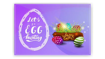 Let's go egg hunting, purple postcard template with Easter egg in modern line style and Easter eggs