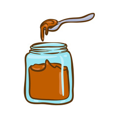 Spoon and Peanut butter jar doodle vector icon. Cartoon illustration of peanut icon for web design. Nuts hand drawn emblems and labels isoleted on white backgraund